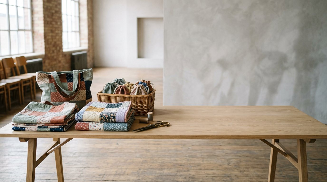 A pale oak table in a bright hall, set with folded patchwork tote bags, quilted blankets, a basket of drawstring pouches and fabric scissors