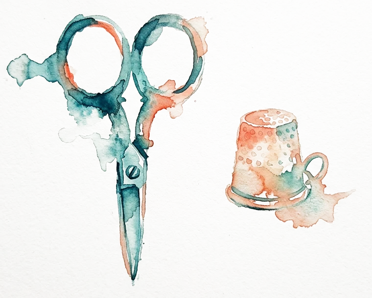 Watercolor of small sewing scissors and a thimble