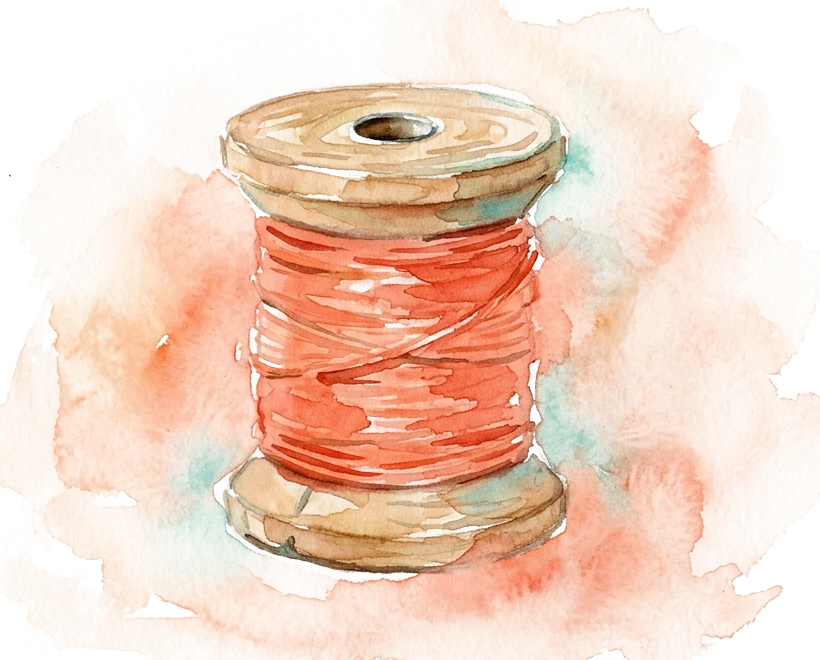 Watercolor of a wooden spool wound with coral thread