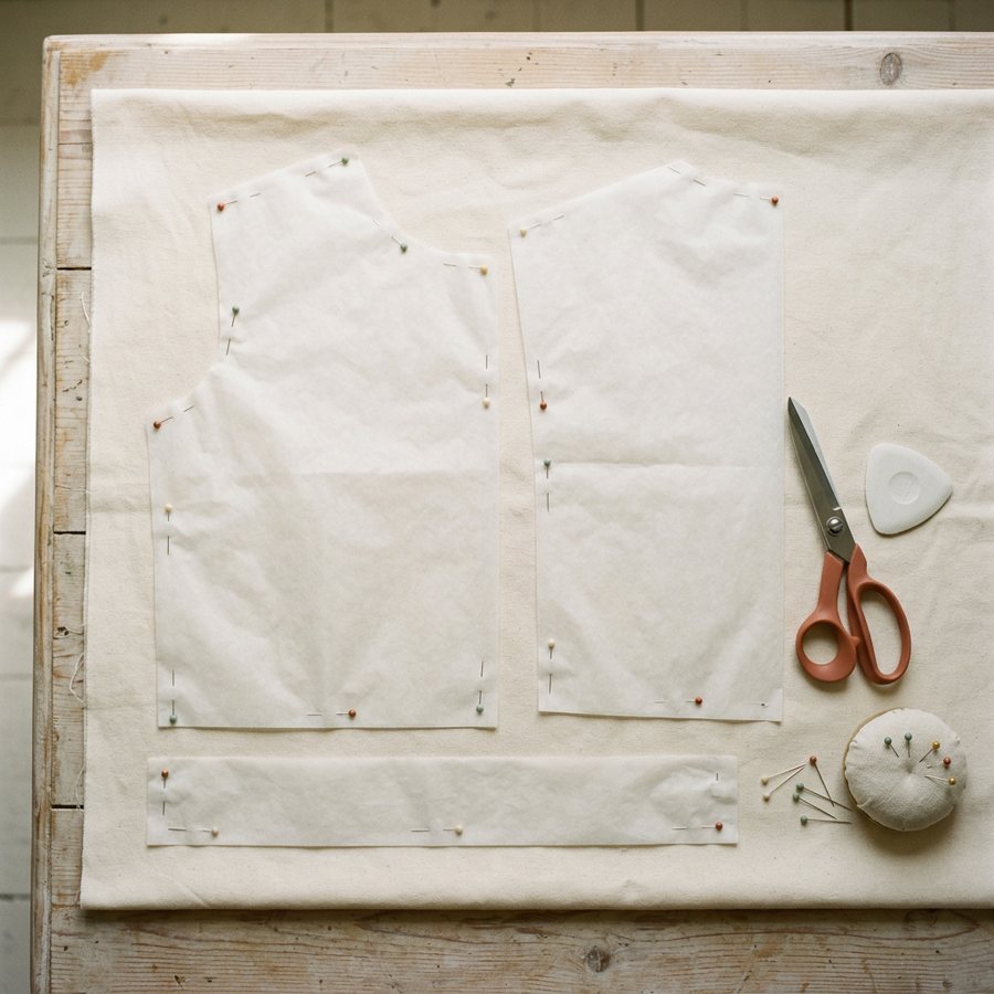 Generated picture of tissue pattern pieces pinned to cream cotton beside scissors, chalk and pins