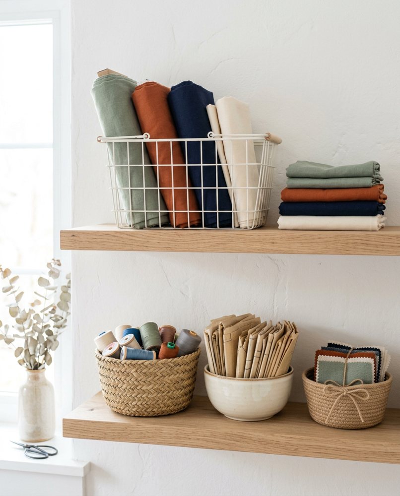 Light wood shelves holding a wire basket of rolled fabric, stacks of folded cloth, and baskets of thread, folded patterns and swatches