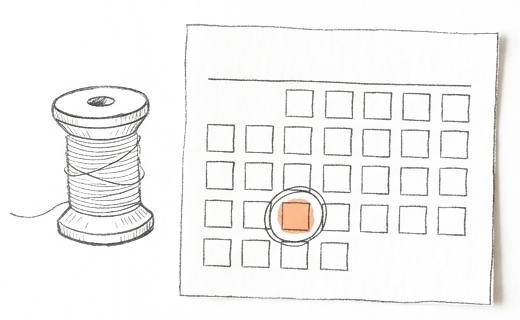 Drawing of a spool of thread beside a paper calendar with one day circled