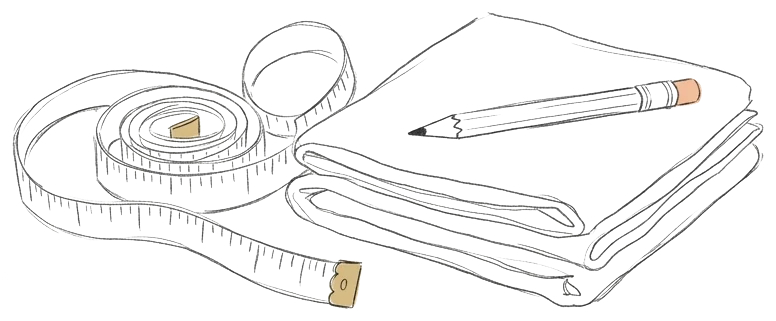 Drawing of a curled measuring tape beside a folded stack of fabric and a pencil