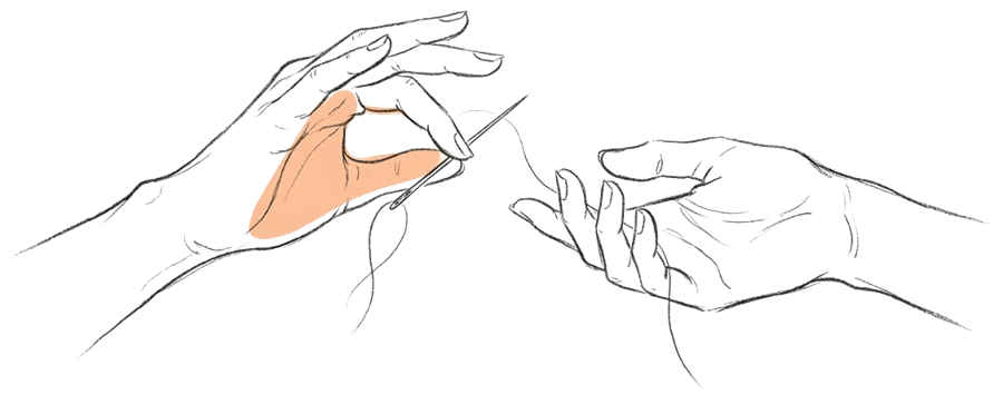 Drawing of one hand passing a threaded needle to another